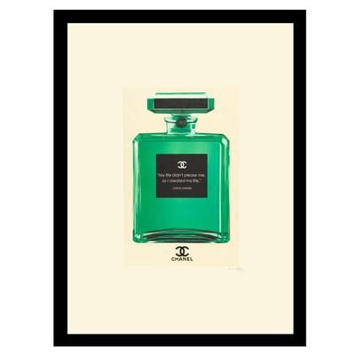 Chanel Bottle Quote "My Life" - Green / White - 14x18 Framed Print by Venice Beach Collections Inc in Green White