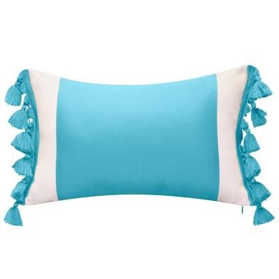 Indoor & Outdoor Colorblock Tassel Fringe Lumbar Decorative Pillow by Levinsohn Textiles in Aqua