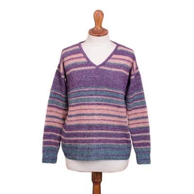 'Multi-Color Stripe Alpaca Blend Long Sleeve V-Neck Sweater'