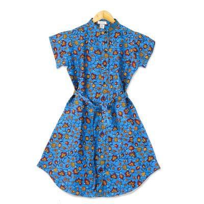 Virtuous Lady,'Printed Cotton Short Sleeve Shirtdress in Azure'