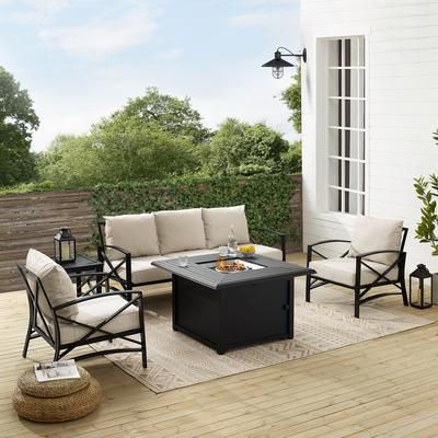 Kaplan 5Pc Outdoor Metal Sofa Set W/Fire Table Oatmeal/Oil Rubbed Bronze - Sofa, Dante Fire Table, Side Table, & 2 Arm Chairs - Crosley KO60036BZ-OL