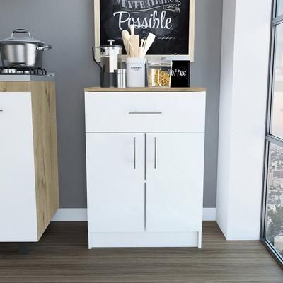 Oxford Pantry Cabinet, With Counter Top, 1 Drawer, 1 two-door cabinet with 2 shelves, White/Light Oak Color - FM Furniture FM6483MBD