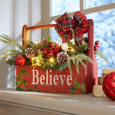 Pre-Lit "Believe" Wooden Basket by BrylaneHome in Multi Christmas Decoration
