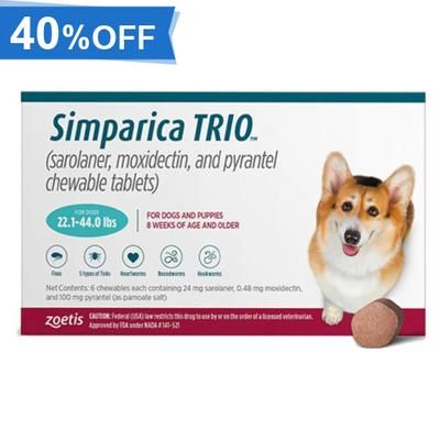 40% Off Simparica Trio For Dogs 22.1-44 Lbs (Teal) 3 Chews