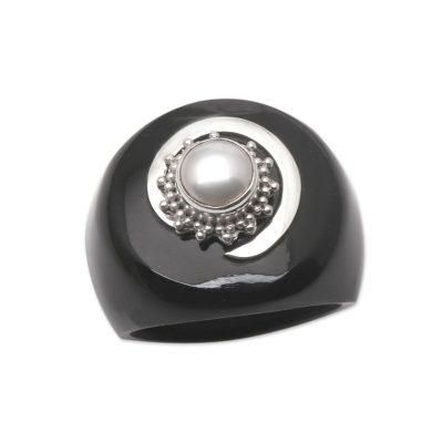 French Kiss,'Black Resin and Cultured Pearl Signet Ring'