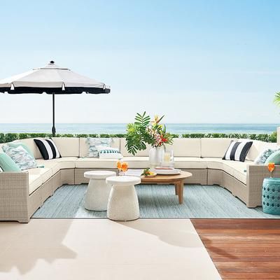 Palermo Modular Seating Collection in Dove Wicker - Right-facing Chair, Sunbrella Rain, Rain Resort Stripe Sand - Frontgate