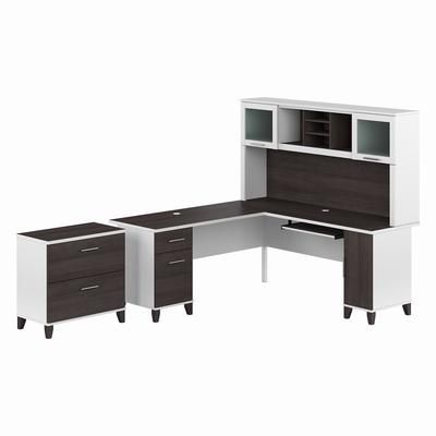 Bush Furniture Somerset 72W L Shaped Desk with Hutch and Lateral File Cabinet in White and Storm Gray - Bush Furniture SET009SGWH