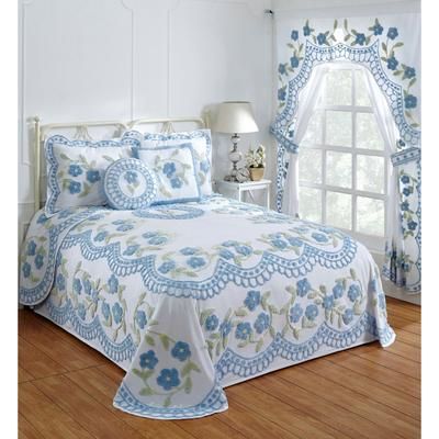 Bloomfield Collection in Floral Design Tufted Chenille Bedspread by Better Trends in Blue (Size QUEEN)