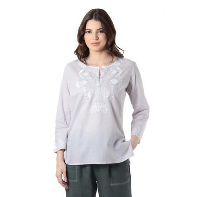 Summer Elegance,'3/4 Sleeve Grey Cotton Tunic with White Machine Embroidery'