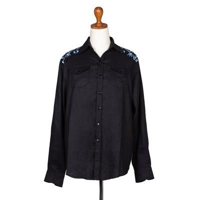 Coal Garden,'Men's Linen Shirt with Handmade Floral Embroidered Details'