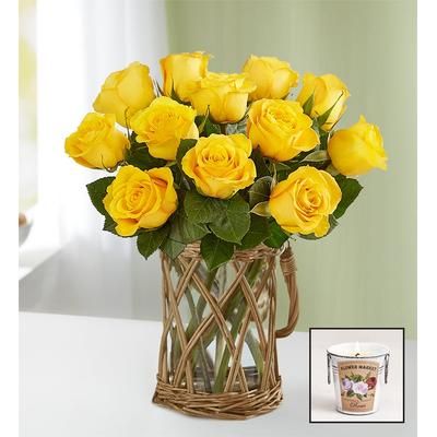 1-800-Flowers Flower Delivery Yellow Roses 12-24 Stems, 12 Stems W/ Wicker Vase & Candle