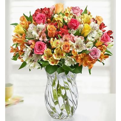 1-800-Flowers Flower Delivery Assorted Roses & Peruvian Lilies Double Bouquet W/ Clear Vase | Happiness Delivered To Their Door