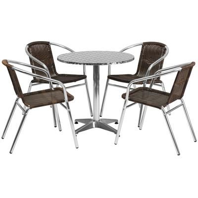 Flash Furniture TLH-ALUM-28RD-020CHR4-GG 27 1/2" Round Patio Table & 4 Brown Rattan Arm Chair Set - Stainless Steel Top, Aluminum Base
