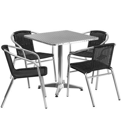 Flash Furniture TLH-ALUM-28SQ-020BKCHR4-GG 27 1/2" Square Patio Table & 4 Black Rattan Arm Chair Set - Stainless Top, Aluminum Base