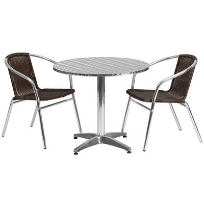 Flash Furniture TLH-ALUM-32RD-020CHR2-GG 31 1/2" Round Patio Table & 2 Brown Rattan Arm Chair Set - Stainless Steel Top, Aluminum Base