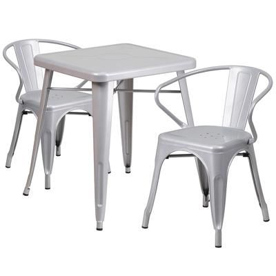 Flash Furniture CH-31330-2-70-SIL-GG 23 3/4" Square Table & 2 Arm Chair Set - Steel, Silver