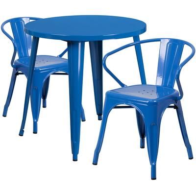 Flash Furniture CH-51090TH-2-18ARM-BL-GG 30" Round Table & 2 Arm Chair Set - Metal, Blue