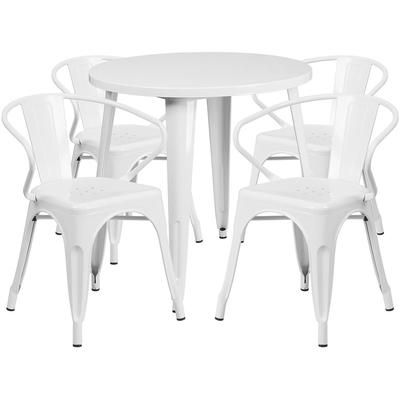 Flash Furniture CH-51090TH-4-18ARM-WH-GG 30" Round Table & 4 Arm Chair Set - Metal, White