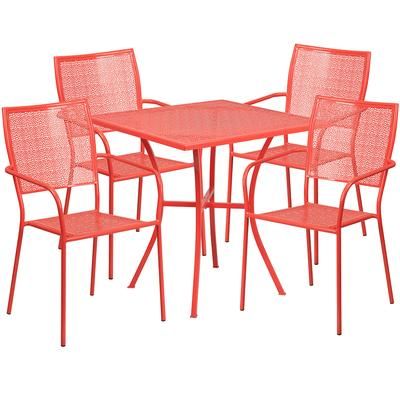 Flash Furniture CO-28SQ-02CHR4-RED-GG 28" Square Patio Table & 4 Square Back Arm Chair Set - Steel, Coral