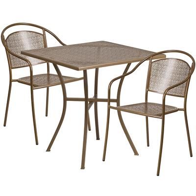 Flash Furniture CO-28SQ-03CHR2-GD-GG 28" Square Patio Table & 2 Round Back Arm Chair Set - Steel, Gold