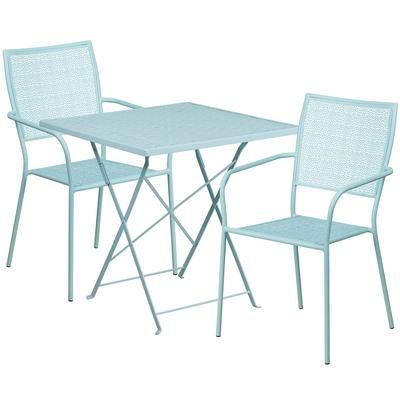 Flash Furniture CO-28SQF-02CHR2-SKY-GG 28" Square Folding Patio Table & 2 Square Back Arm Chair Set - Steel, Sky Blue