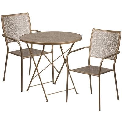 Flash Furniture CO-30RDF-02CHR2-GD-GG 30" Round Folding Patio Table & 2 Square Back Arm Chair Set - Steel, Gold