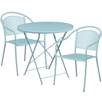Flash Furniture CO-30RDF-03CHR2-SKY-GG 30" Round Folding Patio Table & 2 Round Back Arm Chair Set - Steel, Sky Blue