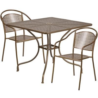 Flash Furniture CO-35SQ-03CHR2-GD-GG 35 1/4" Square Patio Table & 2 Round Back Arm Chair Set - Steel, Gold
