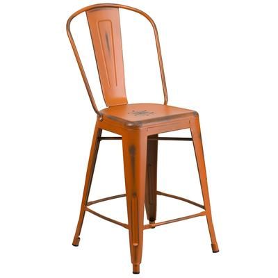Flash Furniture ET-3534-24-OR-GG Counter Height Commercial Bar Stool w/ Curved Back & Metal Seat, Distressed Orange, Backrest