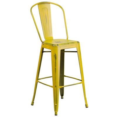 Flash Furniture ET-3534-30-YL-GG Commercial Bar Stool w/ Curved Back & Metal Seat, Distressed Yellow