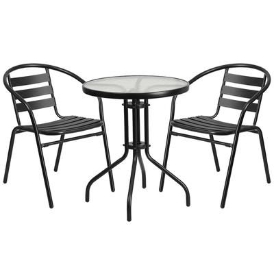 Flash Furniture TLH-071RD-017CBK2-GG 23 3/4" Round Patio Table & 2 Arm Chair Set - Glass Top, Black Metal Base