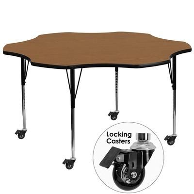 Flash Furniture XU-A60-FLR-OAK-T-A-CAS-GG Flower Shaped Mobile Activity Table - 60"L x 60"W, Laminate Top, Oak, Brown