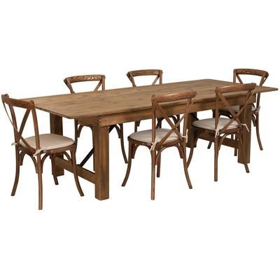 Flash Furniture XA-FARM-11-GG Rectangular Folding Farm Table & 6 Chair Set - 96"W x 40"D x 30"H, Plank Top, Pine Base