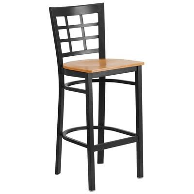 Flash Furniture XU-DG6R7BWIN-BAR-NATW-GG Commercial Bar Stool w/ Metal Window Pane Back & Natural Wood Seat, Black