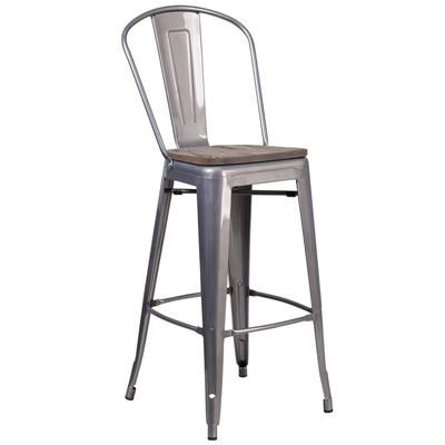 Flash Furniture XU-DG-TP001B-30-WD-GG Commercial Bar Stool w/ Curved Back & Wood Seat, Silver