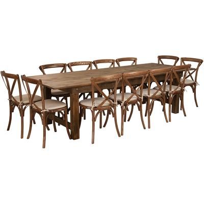Flash Furniture XA-FARM-16-GG Rectangular Folding Farm Table & 12 Chair Set - 108"W x 40"D x 30"H, Plank Top, Pine Base