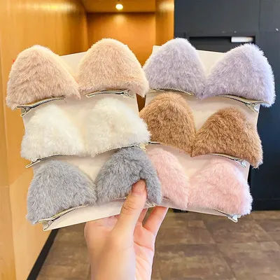 Pinces à cheveux en peluche pour filles, 2 pièces/ensemble, oreilles de chat solides, dessin animé coréen, oreilles d'animaux, épingles à cheveux, Barrettes, couvre-chef pour enfants, accessoires pour