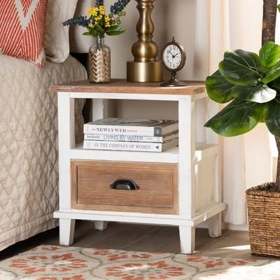 Baxton Studio Glynn Rustic Farmhouse Weathered Two-Tone White and Oak Brown Finished Wood 1-Drawer End Table - Wholesale Interiors JY19Y1063-White/Oak-ET