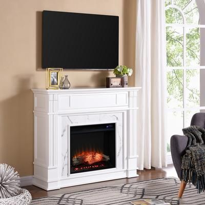 Highgate Faux Cararra Marble Touch Screen Electric Media Fireplace - White - SEI Furniture FR9322