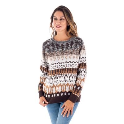 Chocolate Peaks,'Geometric Brown Acrylic and Baby Alpaca Blend Pullover'
