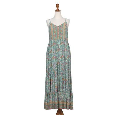 Mint Garden,'Rayon Batik Maxi Dress with Mint Floral Pattern Made in Bali'