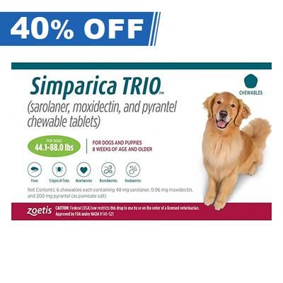 Simparica Trio For Dogs 44.1-88 Lbs (Green) 3 Doses - 40% Off Today