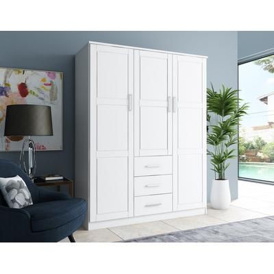 100% Solid Wood Cosmo 3-Door Wardrobe with Raised Panel Doors, White - Palace Imports 7111D