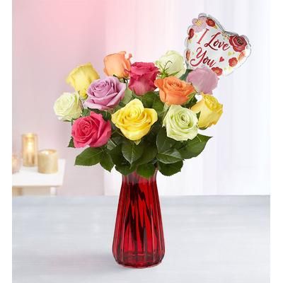 1-800-Flowers Flower Delivery I Love You Assorted Roses 12 Stems W/ Red Vase