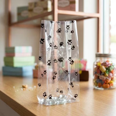 Medium Paw Print Clear Gusset Bags Great for Pet Shops Feed Stores or Dog Boutiques Bag Size: 4" x 2 1/2" x 9 1/2" 100 Envelopes