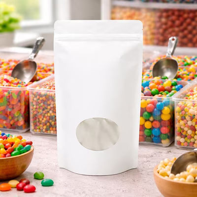 Large White Kraft Stand Up Zipper Pouch Bags with Oval Window - Holds 8 - 12 oz. Size: 6 3/4" x 3 1/2" x 11 1/4" 100 Bags Pouches