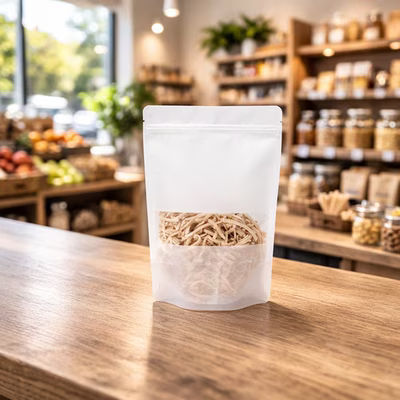 White Rice Paper Pouch Bag w/ Low Window & Room to Stick Your Logo 6 oz. - 11 oz. Size: 5 7/8" x 3 1/2" x 9 1/8" 100 Bags Pouches