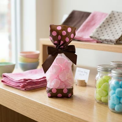 Medium Tall Brown & Pink Polka Dot Clear Gusset Bags - Great for Pink Candy & Favors Bag Size: 2 5/8" x 1 7/8" x 10 3/4" 100 Bags