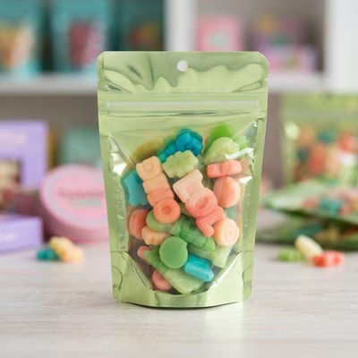 Small Food Safe Resealable Gusset Pouch Bags - Clear Front Lime Green Back - Holds 2 oz. Size: 4" x 2 3/8" x 6" 100 Bags Pouches