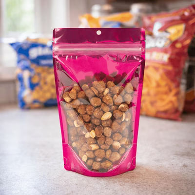 Medium Hanging Gusset Pouch Bags Pink with Clear Front - Holds 4 oz. - Food Safe Size: 5 1/8" x 3 1/8" x 8 1/8" 100 Bags Pouches